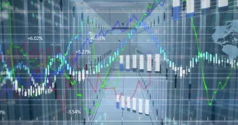 Image of financial and statistical data processing against computer server room 写真素材