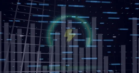 Image of financial and statistical data processing over thunderbolt icon on Stock Photos