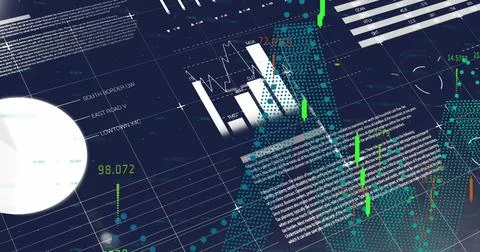 Image of financial and statistical data processing against blue background Stock Photos