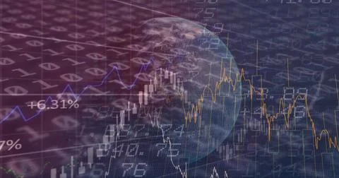 Image of financial data and binary coding processing over globe Stock Illustration