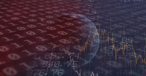 Image of financial data and binary coding processing over globe Stock Illustration