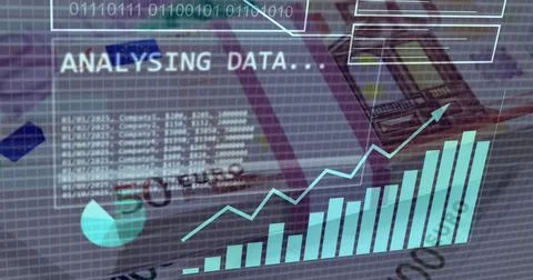 Image of financial data and binary coding over euro currency bills 스톡 사진