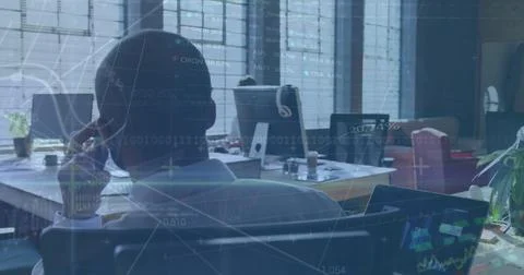 Image of financial data and binary coding over african american businessman Stock Photos