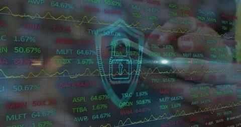 Image of financial data and digital padlock over hands of caucasian man using 스톡 사진