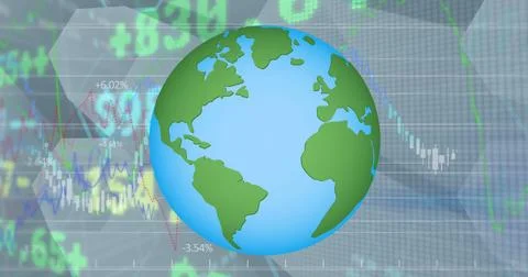 Image of financial data and globe on grey background イラスト素材