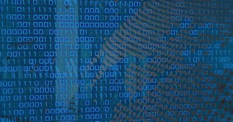 Image of financial data and globe over binary code on blue background Stock Illustration