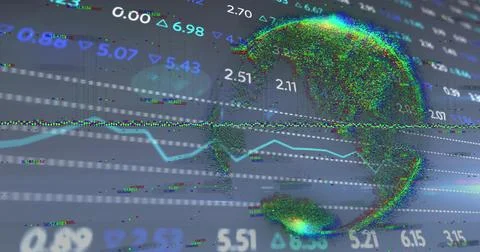 Image of financial data and globe on navy background Stockfoto's