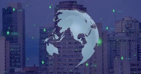 Image of financial data and globe rotating over cityscape Foto stock