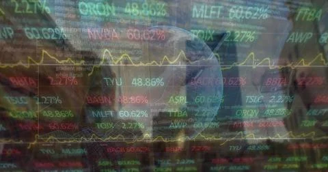 Image of financial data and globe over people using wireless payments Stock Photos