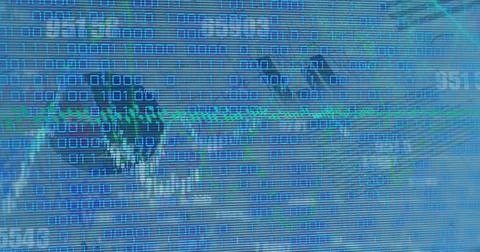 Image of financial data and graph over binary code on blue background Stock Illustration