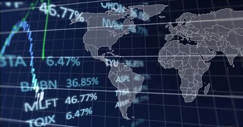 Image of financial data and graph over world map on navy background Stock Illustration