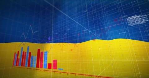 Image of financial data and graph over flag of ukraine Foto stock