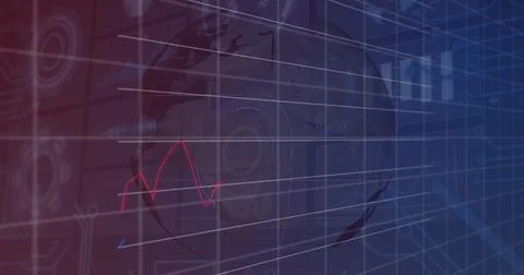 Image of financial data and graphs over globe rotating on navy background Stock Illustration