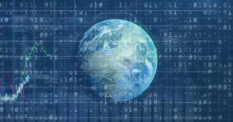 Image of financial data and graphs over globe rotating on blue background Stock Illustration