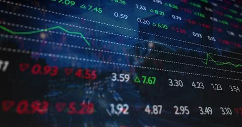 Image of financial data and graphs over cityscape Stock Illustration