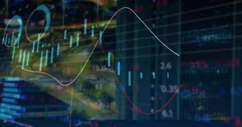 Image of financial data and graphs over cityscape Ilustração Stock