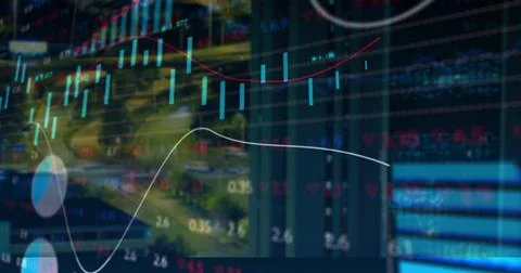 Image of financial data and graphs over cityscape Ilustração Stock