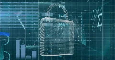 Image of financial data and graphs over digital padlock Stock Illustration