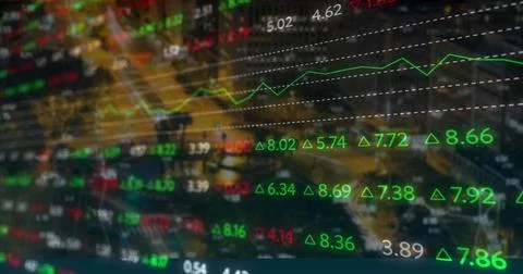 Image of financial data and graphs over cityscape Ilustração Stock
