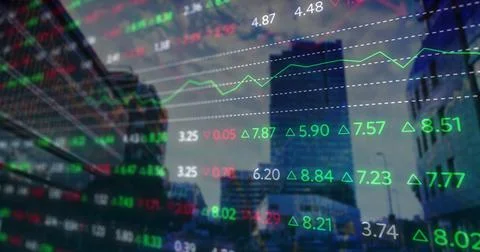 Image of financial data and graphs over cityscape Ilustração Stock