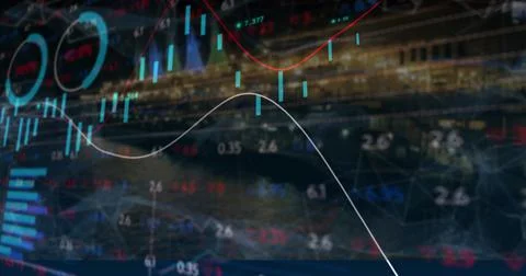 Image of financial data and graphs over cityscape Ilustração Stock