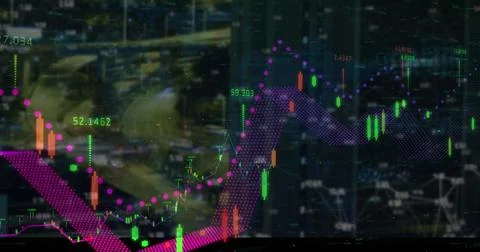 Image of financial data and graphs over cityscape Stock Illustration