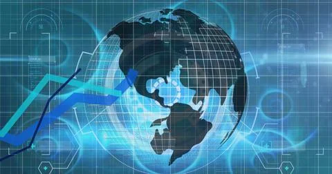 Image of financial data and graphs over globe rotating on blue background Stock Illustration