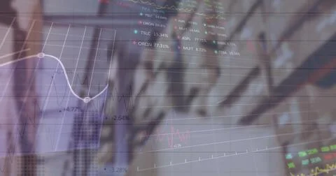 Image of financial data and graphs over packages in warehouse Ilustração Stock