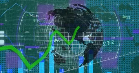 Image of financial data and graphs over globe rotating on green background Stock Illustration