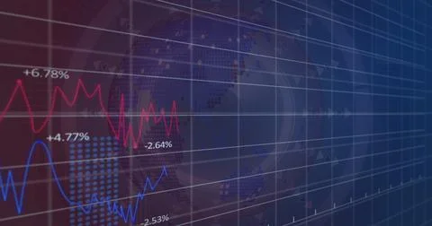 Image of financial data and graphs over rotating globe Stock Illustration