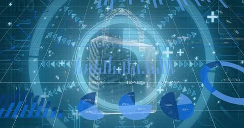 Image of financial data and graphs over digital padlock Stock Illustration