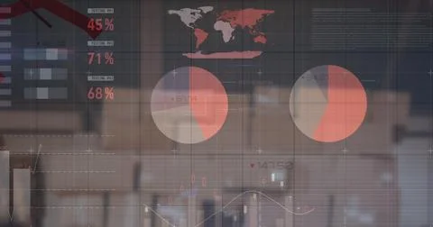 Image of financial data and graphs over packages in warehouse Stock Illustration