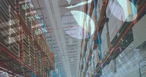 Image of financial data and graphs over warehouse Ilustração Stock