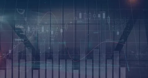 Image of financial data and graphs over cityscape Ilustração Stock