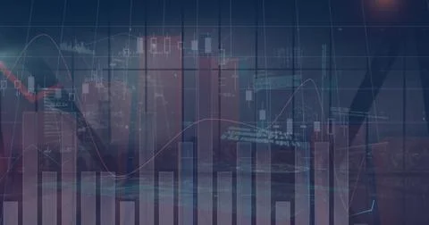 Image of financial data and graphs over cityscape Ilustração Stock