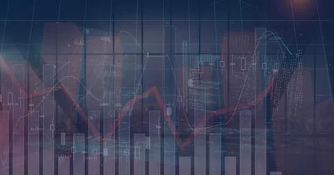 Image of financial data and graphs over cityscape Ilustração Stock