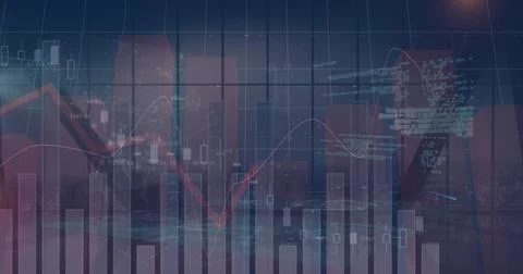 Image of financial data and graphs over cityscape 스톡 일러스트