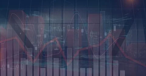 Image of financial data and graphs over cityscape Ilustração Stock