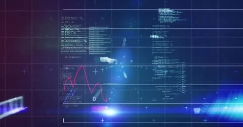 Image of financial data and graphs over navy background Illustrazione stock
