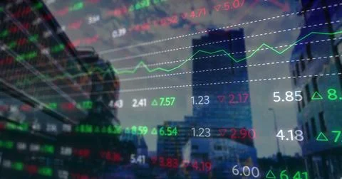 Image of financial data and graphs over cityscape Ilustração Stock