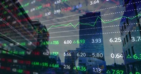 Image of financial data and graphs over cityscape Ilustração Stock