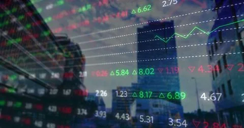 Image of financial data and graphs over cityscape Ilustração Stock
