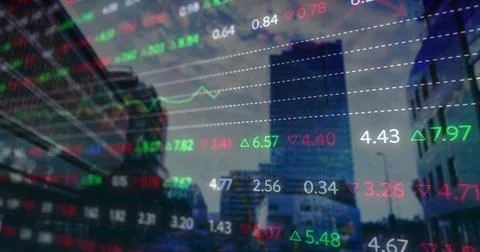 Image of financial data and graphs over cityscape Stock Illustration