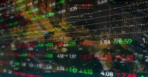 Image of financial data and graphs over cityscape Ilustração Stock