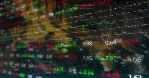 Image of financial data and graphs over cityscape Stock Illustration