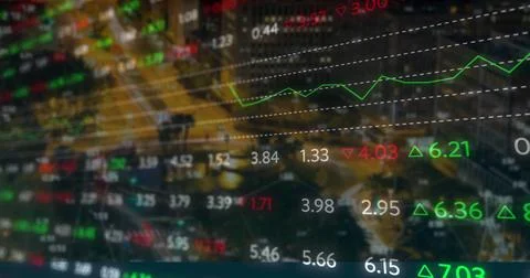 Image of financial data and graphs over cityscape Stock Illustration