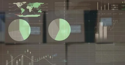 Image of financial data and graphs over packages in warehouse Ilustração Stock