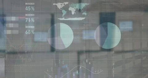 Image of financial data and graphs over packages in warehouse Ilustração Stock