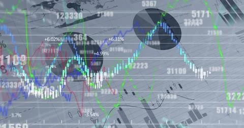 Image of financial data and graphs over grey background 스톡 일러스트