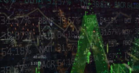 Image of financial data and graphs over blurred night cityscape Ilustração Stock